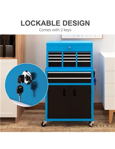 HOMCOM Portable Tool Box, Metal Tool Chest on Wheels with 6 Drawers for Garage and Workshop, Blue