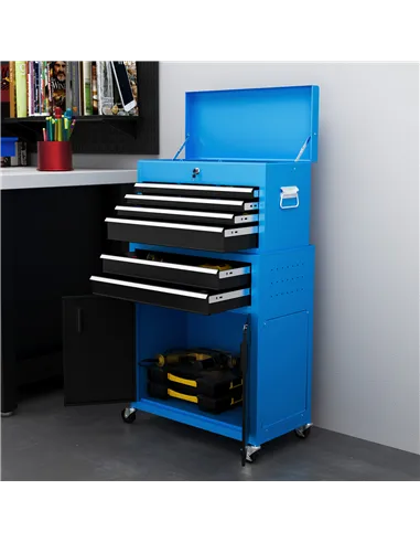 HOMCOM Portable Tool Box, Metal Tool Chest on Wheels with 6 Drawers for Garage and Workshop, Blue