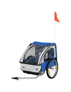 HOMCOM 2 Seat Bike Trailer Bicycle wagon for Kids Child Steel Frame Safety Harness Seat Carrier Hitch Coupler Blue White 130 x 7