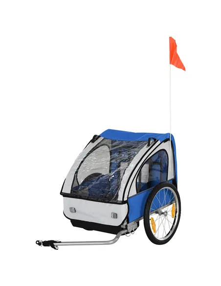 HOMCOM 2 Seat Bike Trailer Bicycle wagon for Kids Child Steel Frame Safety Harness Seat Carrier Hitch Coupler Blue White 130 x 7