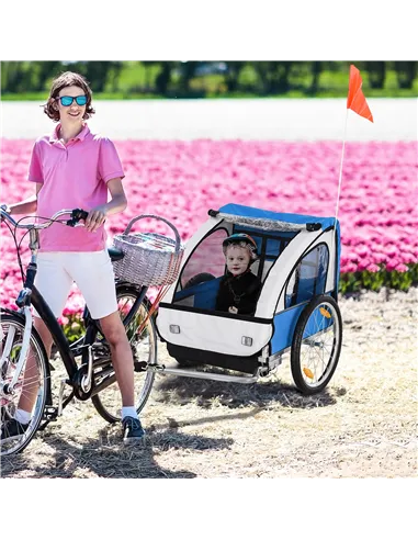HOMCOM 2 Seat Bike Trailer Bicycle wagon for Kids Child Steel Frame Safety Harness Seat Carrier Hitch Coupler Blue White 130 x 7