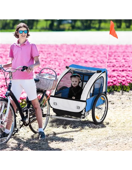HOMCOM 2 Seat Bike Trailer Bicycle wagon for Kids Child Steel Frame Safety Harness Seat Carrier Hitch Coupler Blue White 130 x 7
