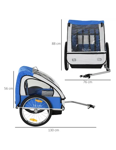 HOMCOM 2 Seat Bike Trailer Bicycle wagon for Kids Child Steel Frame Safety Harness Seat Carrier Hitch Coupler Blue White 130 x 7
