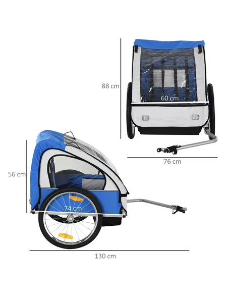 HOMCOM 2 Seat Bike Trailer Bicycle wagon for Kids Child Steel Frame Safety Harness Seat Carrier Hitch Coupler Blue White 130 x 7
