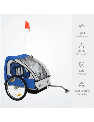 HOMCOM 2 Seat Bike Trailer Bicycle wagon for Kids Child Steel Frame Safety Harness Seat Carrier Hitch Coupler Blue White 130 x 7