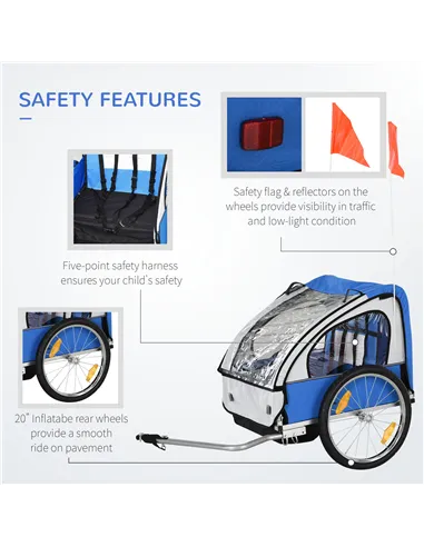 HOMCOM 2 Seat Bike Trailer Bicycle wagon for Kids Child Steel Frame Safety Harness Seat Carrier Hitch Coupler Blue White 130 x 7