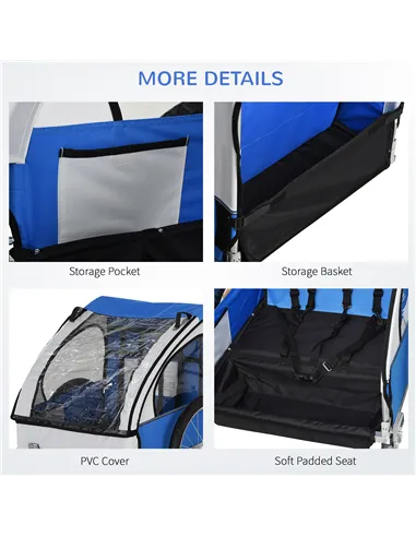 HOMCOM 2 Seat Bike Trailer Bicycle wagon for Kids Child Steel Frame Safety Harness Seat Carrier Hitch Coupler Blue White 130 x 7