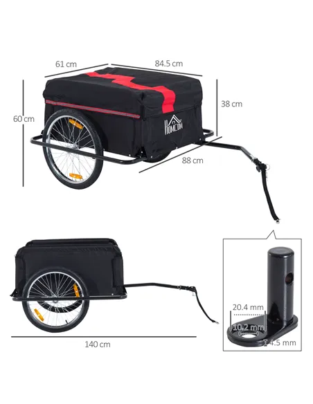 HOMCOM Two-Wheel Bicycle Large Cargo Wagon Trailer Oxford Fabric, Folding Storage, & Removable Cover, Red&Black