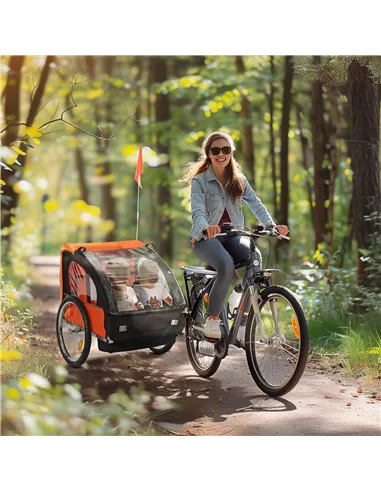 HOMCOM 2 Seat Bike Trailer Bicycle wagon for Kids Child Steel Frame Safety Harness Seat Carrier Orange Black 130 x 76 x 88 cm