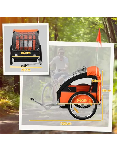 HOMCOM 2 Seat Bike Trailer Bicycle wagon for Kids Child Steel Frame Safety Harness Seat Carrier Orange Black 130 x 76 x 88 cm