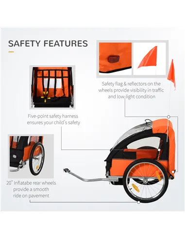 HOMCOM 2 Seat Bike Trailer Bicycle wagon for Kids Child Steel Frame Safety Harness Seat Carrier Orange Black 130 x 76 x 88 cm