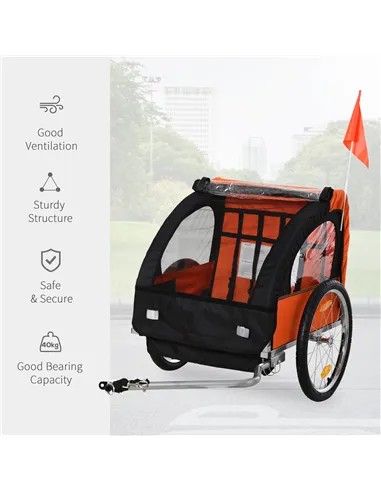 HOMCOM 2 Seat Bike Trailer Bicycle wagon for Kids Child Steel Frame Safety Harness Seat Carrier Orange Black 130 x 76 x 88 cm