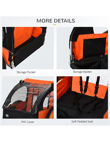 HOMCOM 2 Seat Bike Trailer Bicycle wagon for Kids Child Steel Frame Safety Harness Seat Carrier Orange Black 130 x 76 x 88 cm