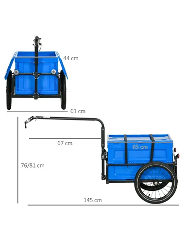 HOMCOM Steel Trailer for Bike, Bicycle Cargo Trailer with 65L Foldable Storage Box and Safe Reflectors, Max Load 40KG, Blue