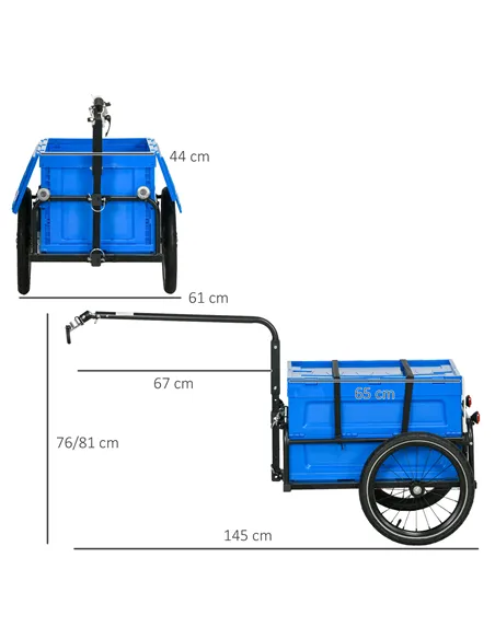 HOMCOM Steel Trailer for Bike, Bicycle Cargo Trailer with 65L Foldable Storage Box and Safe Reflectors, Max Load 40KG, Blue