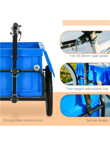 HOMCOM Steel Trailer for Bike, Bicycle Cargo Trailer with 65L Foldable Storage Box and Safe Reflectors, Max Load 40KG, Blue