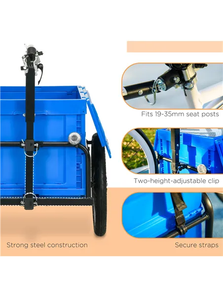 HOMCOM Steel Trailer for Bike, Bicycle Cargo Trailer with 65L Foldable Storage Box and Safe Reflectors, Max Load 40KG, Blue