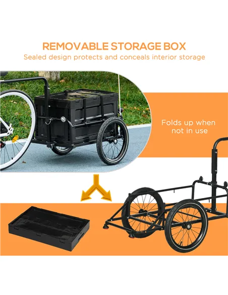 HOMCOM Steel Trailer for Bike, Bicycle Cargo Trailer with 65L Foldable Storage Box and Safe Reflectors, Max Load 40KG, Black
