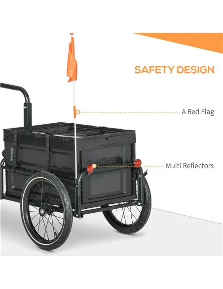 HOMCOM Steel Trailer for Bike, Bicycle Cargo Trailer with 65L Foldable Storage Box and Safe Reflectors, Max Load 40KG, Black