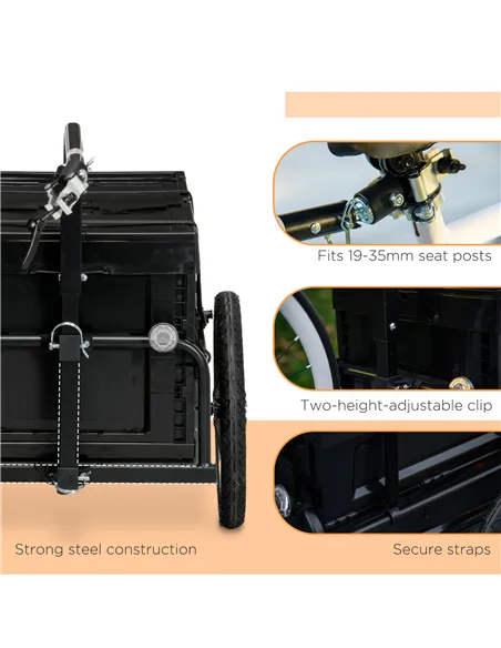 HOMCOM Steel Trailer for Bike, Bicycle Cargo Trailer with 65L Foldable Storage Box and Safe Reflectors, Max Load 40KG, Black
