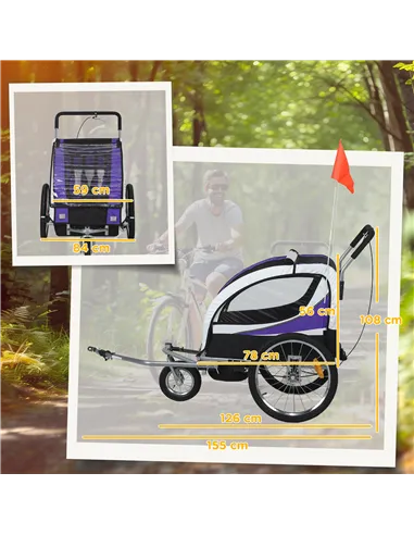 HOMCOM Baby Bike Trailer with 5 Point Harness, Steel Frame, Reflectors, Safety Flag, Hitch Coupler, Purple
