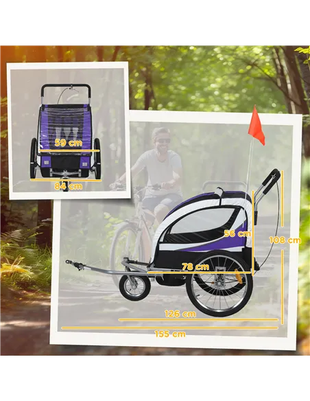 HOMCOM Baby Bike Trailer with 5 Point Harness, Steel Frame, Reflectors, Safety Flag, Hitch Coupler, Purple