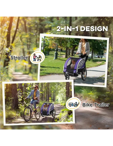 HOMCOM Baby Bike Trailer with 5 Point Harness, Steel Frame, Reflectors, Safety Flag, Hitch Coupler, Purple