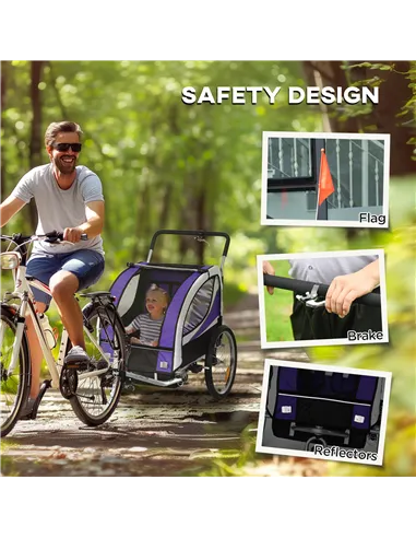 HOMCOM Baby Bike Trailer with 5 Point Harness, Steel Frame, Reflectors, Safety Flag, Hitch Coupler, Purple