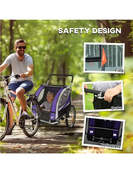 HOMCOM Baby Bike Trailer with 5 Point Harness, Steel Frame, Reflectors, Safety Flag, Hitch Coupler, Purple