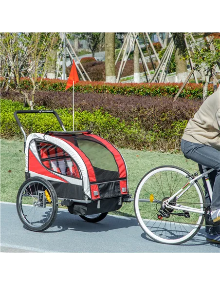 HOMCOM Baby Bike Trailer, Child Bicycle Trailer with 5 Point Harness, Steel Frame, Reflectors, Safety Flag, Hitch Coupler, Red