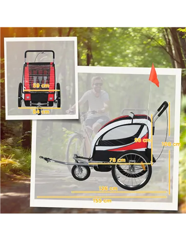 HOMCOM Baby Bike Trailer, Child Bicycle Trailer with 5 Point Harness, Steel Frame, Reflectors, Safety Flag, Hitch Coupler, Red