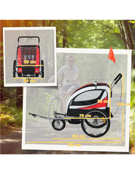 HOMCOM Baby Bike Trailer, Child Bicycle Trailer with 5 Point Harness, Steel Frame, Reflectors, Safety Flag, Hitch Coupler, Red