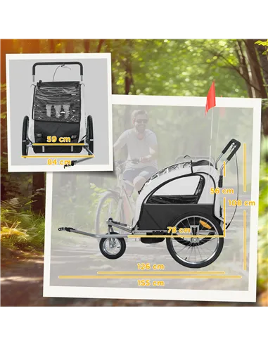 HOMCOM 2 Seat Bike Trailer with 5 Point Harness, Baby Bike Stroller with Safety Flag, Reflectors, for 18+ Months, Black