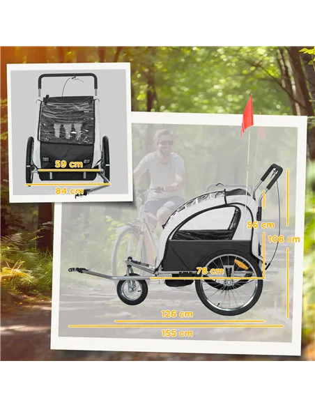 HOMCOM 2 Seat Bike Trailer with 5 Point Harness, Baby Bike Stroller with Safety Flag, Reflectors, for 18+ Months, Black