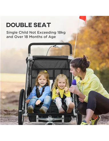 HOMCOM 2 Seat Bike Trailer with 5 Point Harness, Baby Bike Stroller with Safety Flag, Reflectors, for 18+ Months, Black