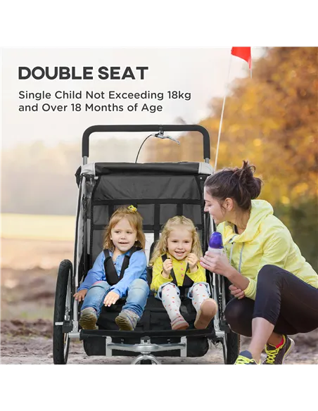 HOMCOM 2 Seat Bike Trailer with 5 Point Harness, Baby Bike Stroller with Safety Flag, Reflectors, for 18+ Months, Black