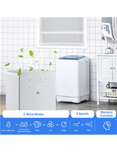 HOMCOM 2000mL Portable Dehumidifier with Air Purifier, 24H Timer, 5 Modes, 10L/Day, for Home Laundry, White