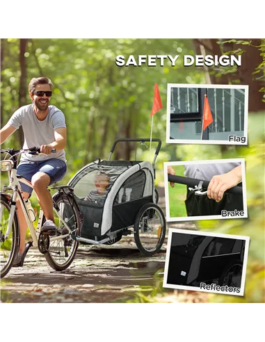 HOMCOM 2 Seat Bike Trailer with 5 Point Harness, Baby Bike Stroller with Safety Flag, Reflectors, for 18+ Months, Black