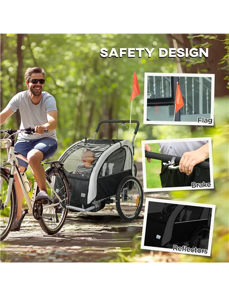 HOMCOM 2 Seat Bike Trailer with 5 Point Harness, Baby Bike Stroller with Safety Flag, Reflectors, for 18+ Months, Black