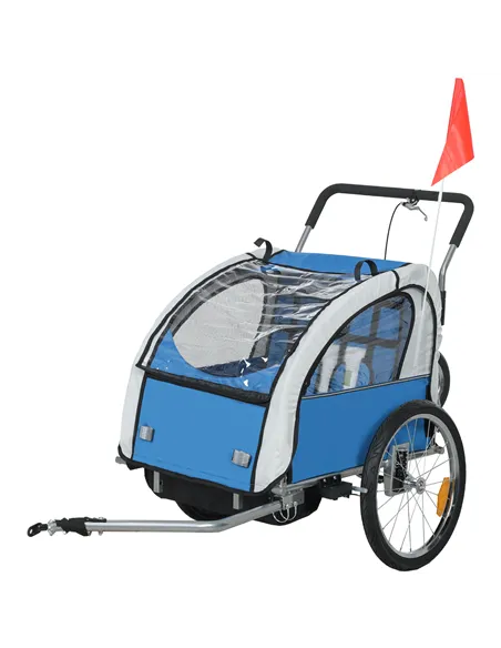 HOMCOM 2 Seat Bike Trailer with 5 Point Harness, Baby Bike Stroller with Safety Flag, Reflectors, for 18+ Months, Blue