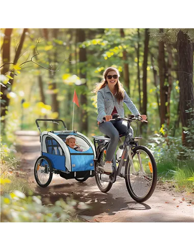 HOMCOM 2 Seat Bike Trailer with 5 Point Harness, Baby Bike Stroller with Safety Flag, Reflectors, for 18+ Months, Blue