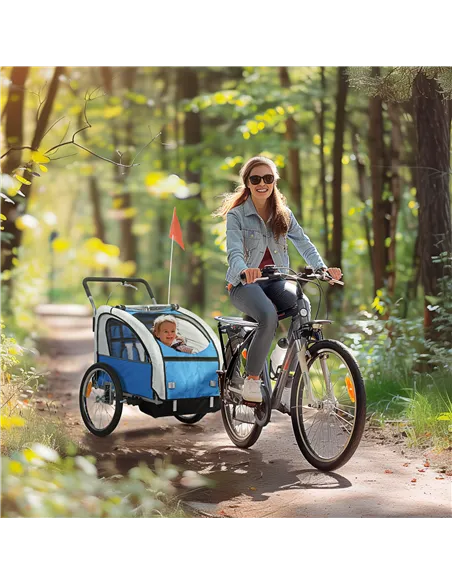 HOMCOM 2 Seat Bike Trailer with 5 Point Harness, Baby Bike Stroller with Safety Flag, Reflectors, for 18+ Months, Blue