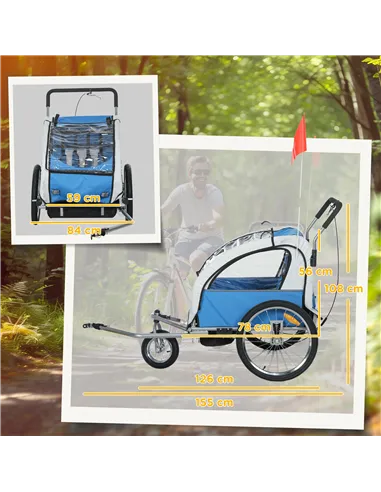 HOMCOM 2 Seat Bike Trailer with 5 Point Harness, Baby Bike Stroller with Safety Flag, Reflectors, for 18+ Months, Blue