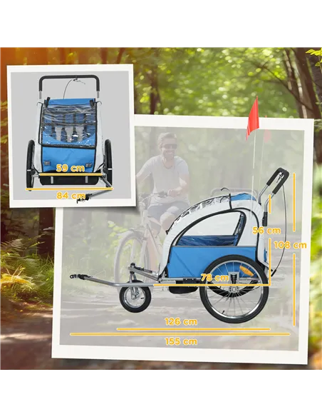 HOMCOM 2 Seat Bike Trailer with 5 Point Harness, Baby Bike Stroller with Safety Flag, Reflectors, for 18+ Months, Blue
