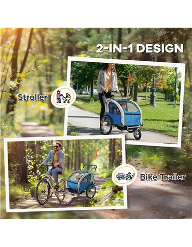 HOMCOM 2 Seat Bike Trailer with 5 Point Harness, Baby Bike Stroller with Safety Flag, Reflectors, for 18+ Months, Blue