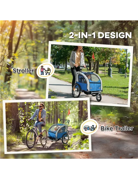 HOMCOM 2 Seat Bike Trailer with 5 Point Harness, Baby Bike Stroller with Safety Flag, Reflectors, for 18+ Months, Blue