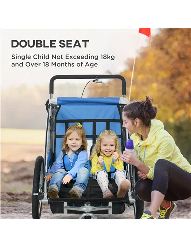 HOMCOM 2 Seat Bike Trailer with 5 Point Harness, Baby Bike Stroller with Safety Flag, Reflectors, for 18+ Months, Blue