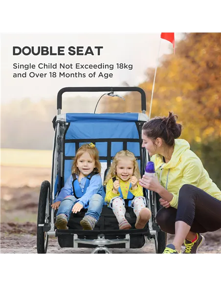 HOMCOM 2 Seat Bike Trailer with 5 Point Harness, Baby Bike Stroller with Safety Flag, Reflectors, for 18+ Months, Blue