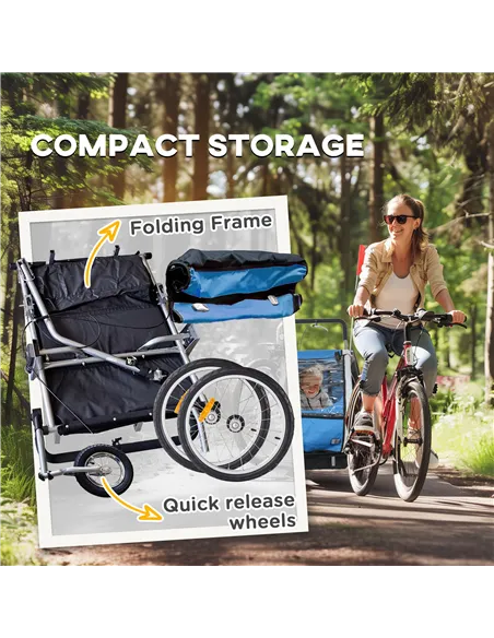 HOMCOM 2 Seat Bike Trailer with 5 Point Harness, Baby Bike Stroller with Safety Flag, Reflectors, for 18+ Months, Blue