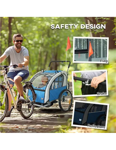 HOMCOM 2 Seat Bike Trailer with 5 Point Harness, Baby Bike Stroller with Safety Flag, Reflectors, for 18+ Months, Blue